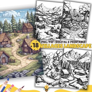 18 Villages and Landscape Coloring Pages, Nature coloring Book, Mountain, Tree, River, Coloring Sheets, PDF & PNG, Digital and Printable