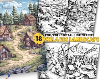 18 Villages and Landscape Coloring Pages, Nature coloring Book, Mountain, Tree, River, Coloring Sheets, PDF & PNG, Digital and Printable