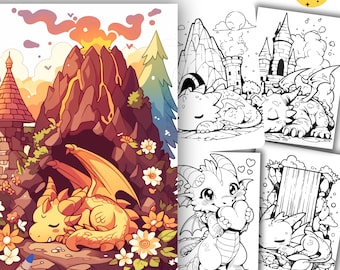 Kawaii Dragon Coloring Pages For Kids, Easy coloring Book, Cute coloring sheets, PDF, PNG, Grayscale, Digital Download