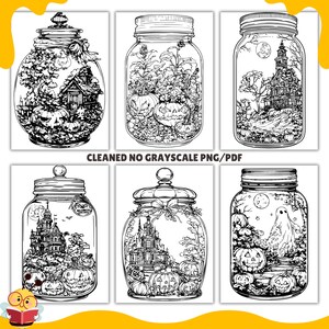 May include: Six black and white illustrations of mason jars with Halloween themes. Each jar contains a spooky scene with a haunted house, pumpkins, and other Halloween imagery.