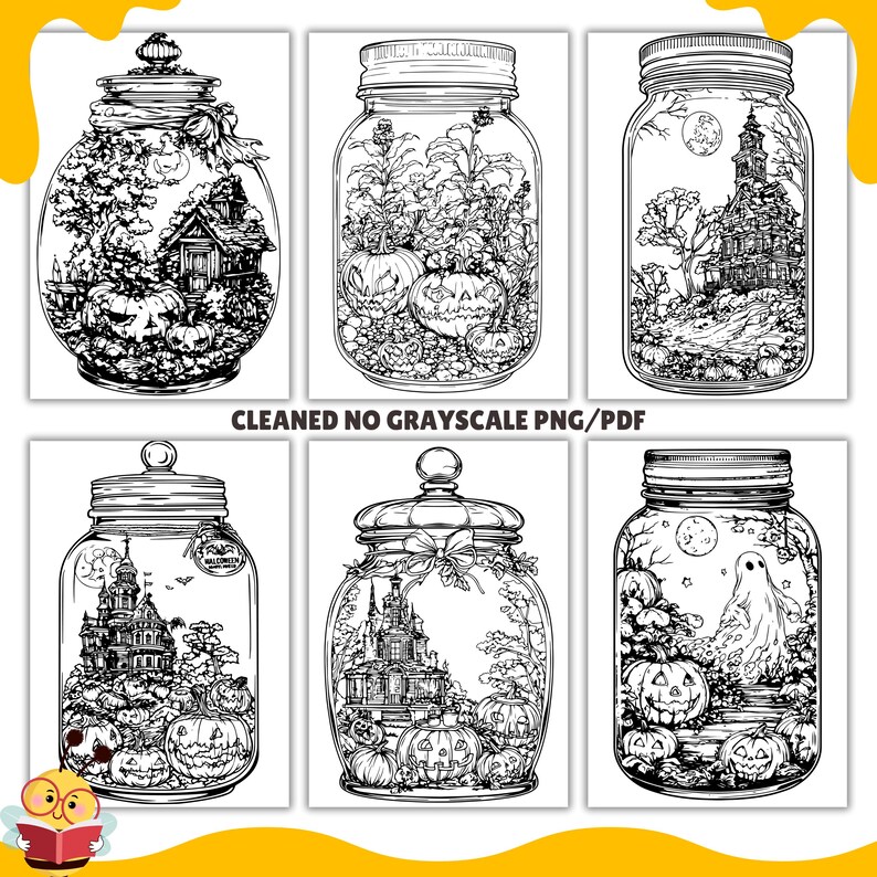 May include: Six black and white illustrations of mason jars with Halloween themes. Each jar contains a spooky scene with a haunted house, pumpkins, and other Halloween imagery.