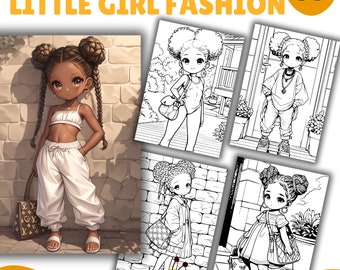 Fashion Little Girls Coloring Pages, Coloring Book, PDF & PNG, Digital and Printable PDF, Kids Coloring Pages, Girls Coloring Book