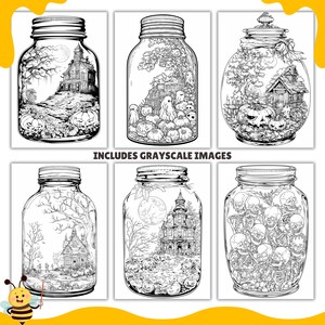 May include: Six black and white illustrations of mason jars with Halloween themes. The jars contain images of haunted houses, ghosts, pumpkins, skulls, and trees.