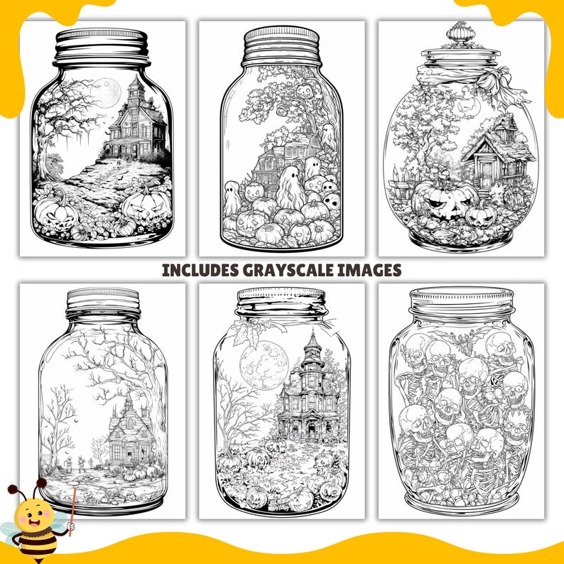 May include: Six black and white illustrations of mason jars with Halloween themes. The jars contain images of haunted houses, ghosts, pumpkins, skulls, and trees.