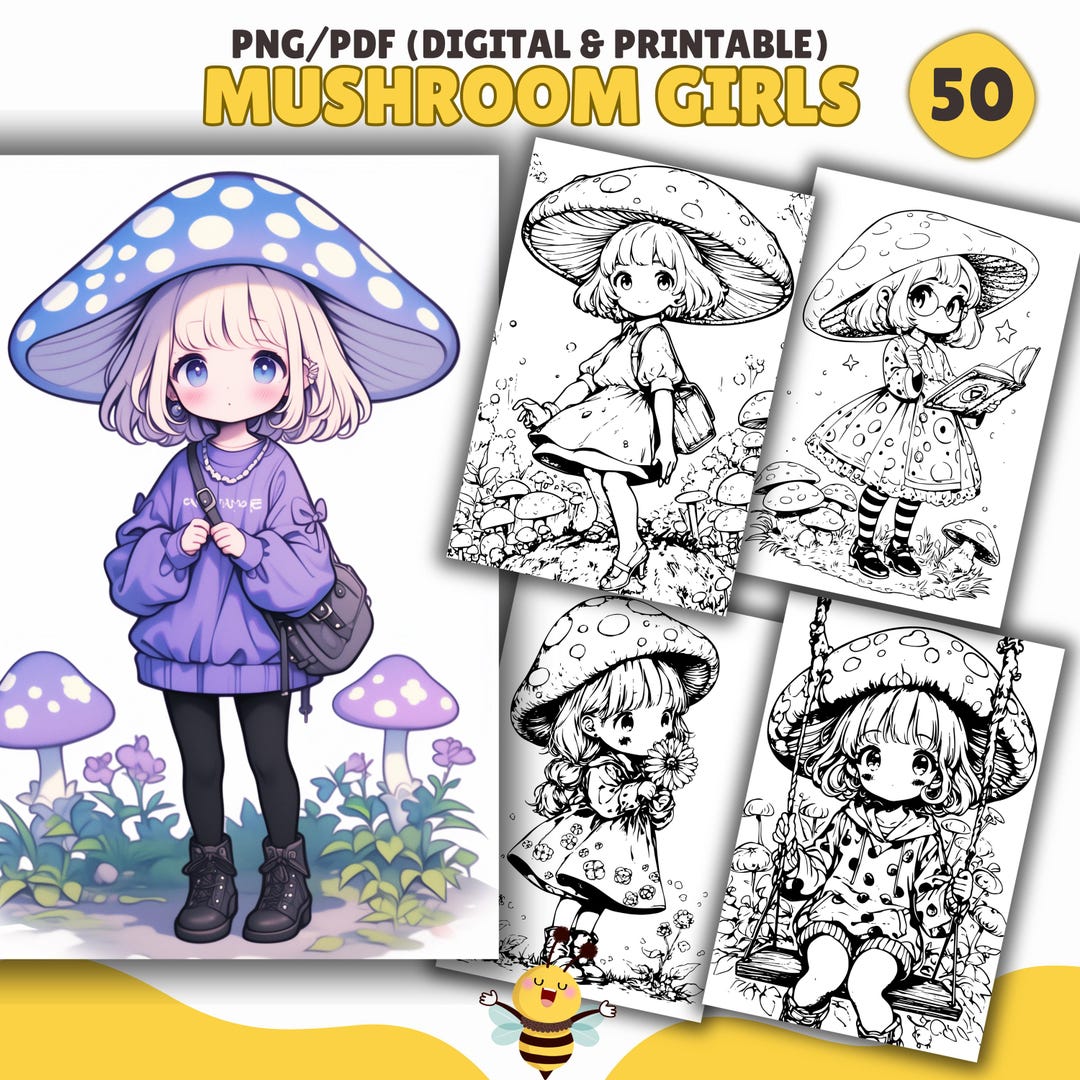 Mushroom Girls Coloring Pages, Coloring Book, PDF & PNG, Digital and ...