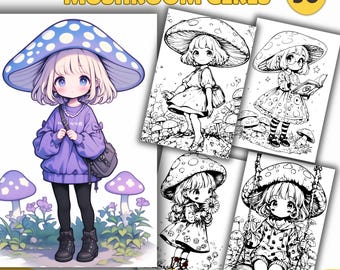 Mushroom Girls Coloring Pages, Coloring Book, PDF & PNG, Digital and Printable PDF, Fantasy Girls, Adult Coloring Pages