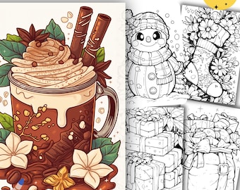 May include: A set of 100 Christmas coloring pages featuring a variety of festive designs, including a mug of hot chocolate with whipped cream and marshmallows, a snowman, a stocking, and a pile of presents.  The pages are black and white and ready to be colored.