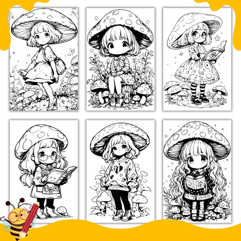 Mushroom Girls Coloring Pages, Coloring Book, PDF & PNG, Digital and ...