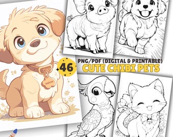 Kleurplaten schattige huisdieren, kleurboek chibi, kawaii hond, katten, vogels en meer, pdf en png, afdrukbaar en digitaal, grijstinten