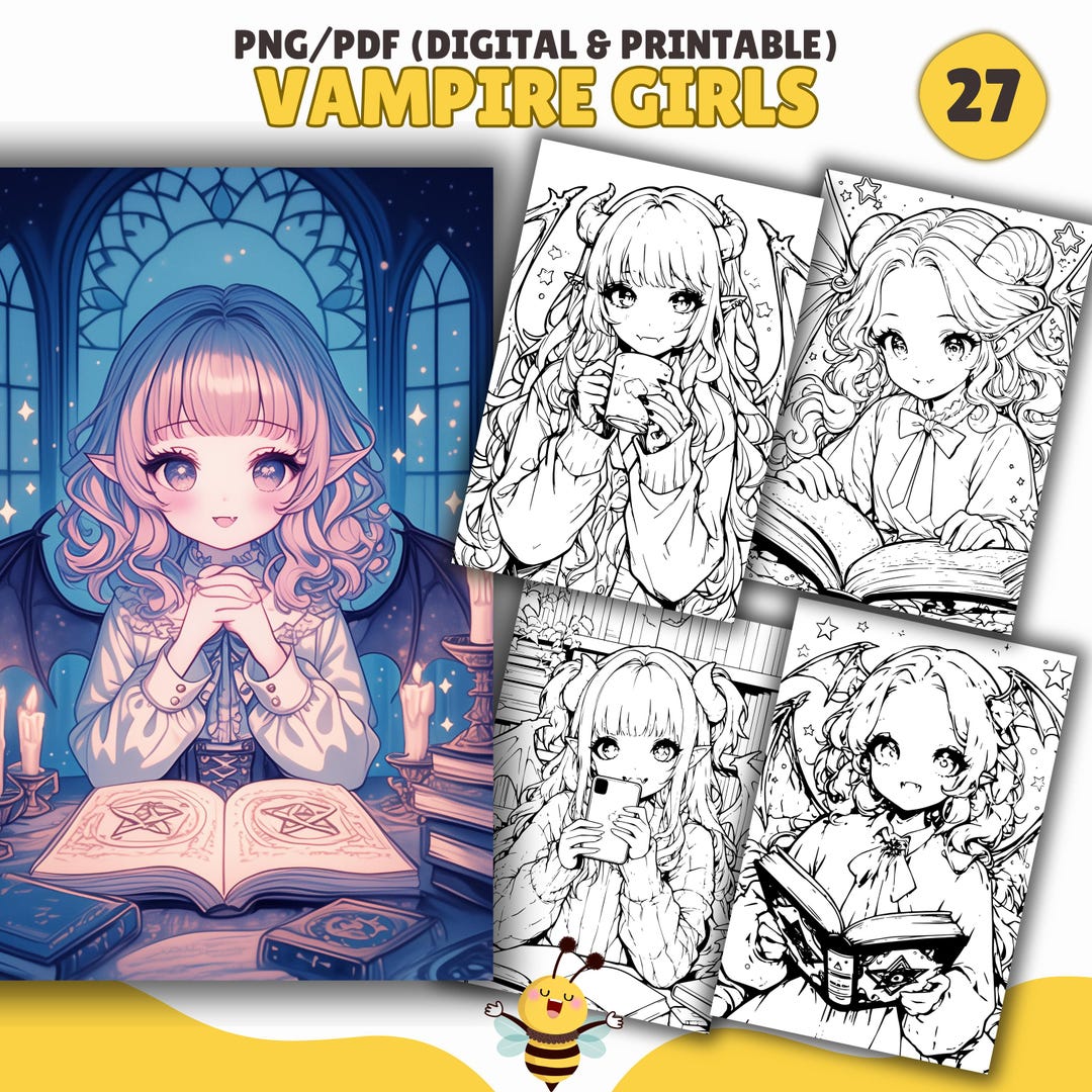 Vampire Girls Coloring Pages, Coloring Book, PDF & PNG, Cute Vampire ...