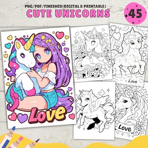 Cute Unicorn Coloring Pages, Kids Coloring Book, Girl Coloring Sheets, PDF & PNG, Digital Download