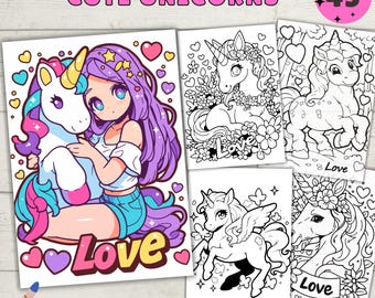 Cute Unicorn Coloring Pages, Kids Coloring Book, Girl Coloring Sheets, PDF & PNG, Digital Download