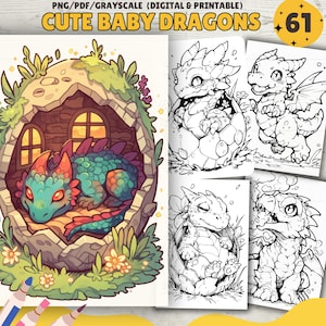 May include: A digital printable featuring a colorful illustration of a baby dragon nestled in an egg, with additional grayscale dragon illustrations. The text "CUTE BABY DRAGONS" is displayed at the top, along with the number "61".