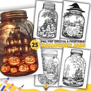 May include: A set of 25 printable Halloween jar designs. The designs feature a variety of spooky and cute Halloween themes, including ghosts, pumpkins, and haunted houses. The jars are perfect for adding a festive touch to your home decor.
