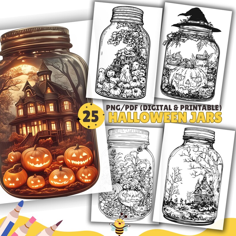 May include: A set of 25 printable Halloween jar designs. The designs feature a variety of spooky and cute Halloween themes, including ghosts, pumpkins, and haunted houses. The jars are perfect for adding a festive touch to your home decor.
