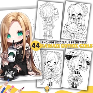 44 páginas para colorear de chicas góticas kawaii, chicas chibi, libro para colorear para niños, chicas lindas, PDF y PNG, digital e imprimible, escala de grises