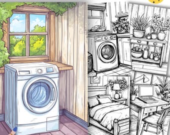 House Furniture coloring pages, adult coloring book, Kitchen, Sofa, Bed and more, PDF, PNG, Grayscale included