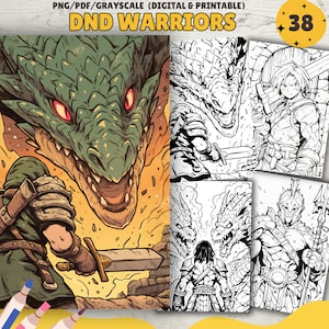 May include: A set of four coloring pages featuring fantasy warriors and dragons. The pages are in black and white and are ready to be colored. The pages are labeled "DND Warriors" and "38".