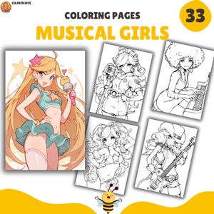 Cute Musical Girls Coloring Pages, Coloring Book, PDF & PNG, Digital and Printable PDF, Kids Coloring Book,