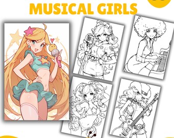 Cute Musical Girls Coloring Pages, Coloring Book, PDF & PNG, Digital and Printable PDF, Kids Coloring Book,