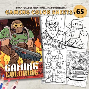 Könnte beinhalten: Ein Set mit 65 druckbaren Malvorlagen mit Charakteren aus beliebten Videospielen. Die Seiten beinhalten Charaktere wie Doom Slayer, Kratos, Minecraft Steve und Sonic the Hedgehog. Die Seiten sind schwarzweiß und zum Ausmalen bereit.