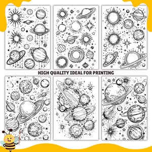 May include: Six black and white coloring pages featuring planets, stars, and moons. The pages are designed for adults and children to color.
