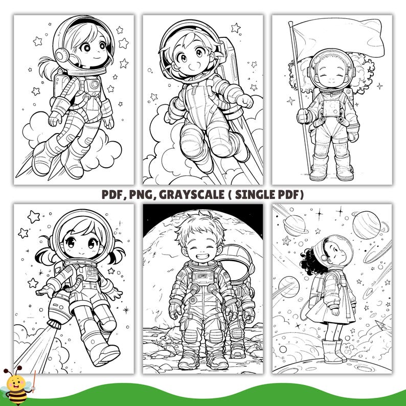 May include: A set of six black and white coloring pages featuring astronauts in space. The astronauts are wearing spacesuits and helmets. The pages are perfect for kids who love space and coloring.