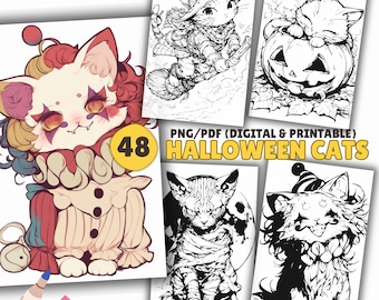 Halloween Cats Coloring Book, Animals Coloring Pages, Scary, Horror, PDF & PNG, Digital and Printable PDF, Kids Coloring Book, Grayscale