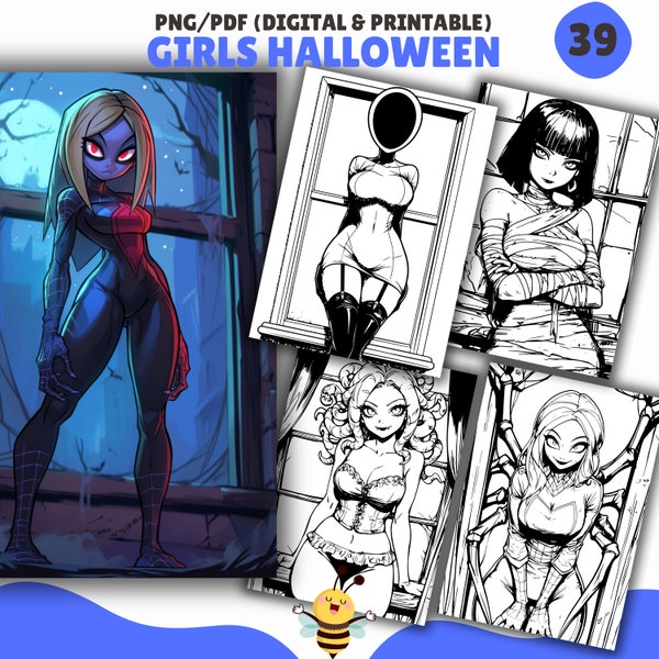 Sexy Halloween Girls Coloring Pages, Halloween Coloring Book, Printable PDF and Digital, PNG & PDF, Adult coloring pages, Hot girls