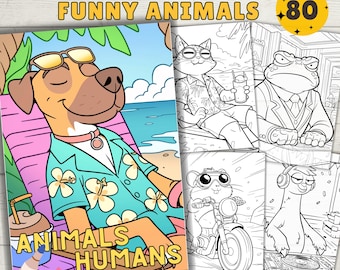Funny Animals Coloring Pages, Funny Coloring Book, Animals as human Coloring Sheets, PNG & PDF, Digital Download