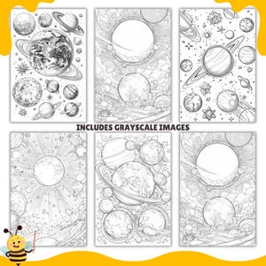 May include: Six black and white illustrations of planets and stars in space. The illustrations are in a cartoon style and include planets with rings, stars, and comets. The text "INCLUDES GRAYSCALE IMAGES" is at the bottom of the image.