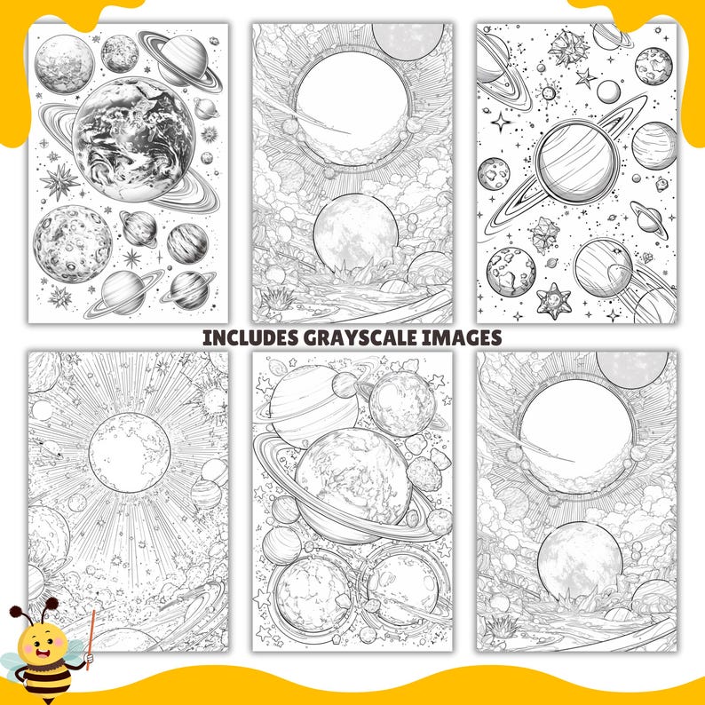 May include: Six black and white illustrations of planets and stars in space. The illustrations are in a cartoon style and include planets with rings, stars, and comets. The text "INCLUDES GRAYSCALE IMAGES" is at the bottom of the image.