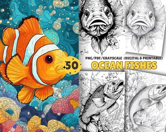 Ocean Fish Coloring Pages, Fishes Coloring Book, Sea Creatunes coloring Book, Sea Life, PDF & PNG, Grayscale Included, High Quality Prints