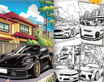 May include: A set of 56 coloring pages featuring cool sports cars. The pages are in black and white and feature a variety of different cars, including a Porsche, a Mustang, and a Bugatti. The pages are perfect for kids and adults who love to color.