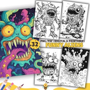 Funny Alien Monsters Coloring Pages, Funny Coloring Book, Teens and Adult coloring, PDF, PNG, Grayscale, Digital Download