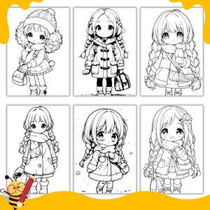 以下が含まれることがあります： 冬服を着たアニメの女の子の白黒線画が6つあります。それぞれの女の子は長い髪を三つ編みにし、コート、マフラー、帽子を着用しています。女の子たちはバッグを持って、白い背景に立っています。