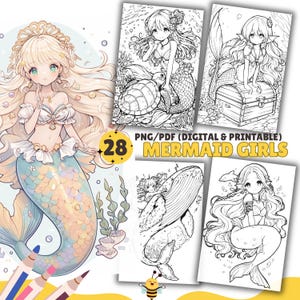 Cute Mermaids Coloring Pages, Coloring Book, PDF & PNG, Digital and Printable PDF, Kawaii Colouring page, Magical, Anime, Cute, Grayscale