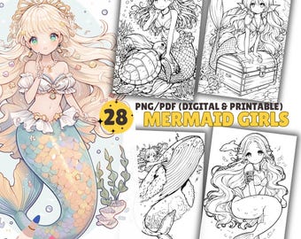 Cute Mermaids Coloring Pages, Coloring Book, PDF & PNG, Digital and Printable PDF, Kawaii Colouring page, Magical, Anime, Cute, Grayscale