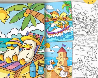 Ducks on Vacation Coloring pages, kids coloring pages, Simple coloring, PDF, PNG, Finished version, Digital Download