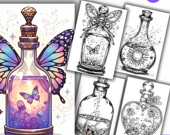 Può includere: Set di 30 illustrazioni di bottiglie di pozioni magiche stampabili. Le illustrazioni presentano una varietà di design, tra cui farfalle, teschi e fiori. Le illustrazioni sono perfette per colorare, creare o aggiungere un tocco di magia ai tuoi progetti.