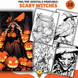 May include: A digital coloring page set featuring a witch with a black hat and dress, surrounded by pumpkins, a jar of pumpkins, a crow, and a witch with a wide grin. The set is titled "Scary Witches" and includes 38 pages.