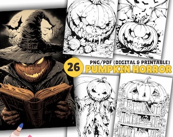 26 Halloween Pumpkin Coloring Pages, Coloring Book, Horror, Scary, Halloween, PDF & PNG, Digital and Printable, Grayscale, Adult Coloring