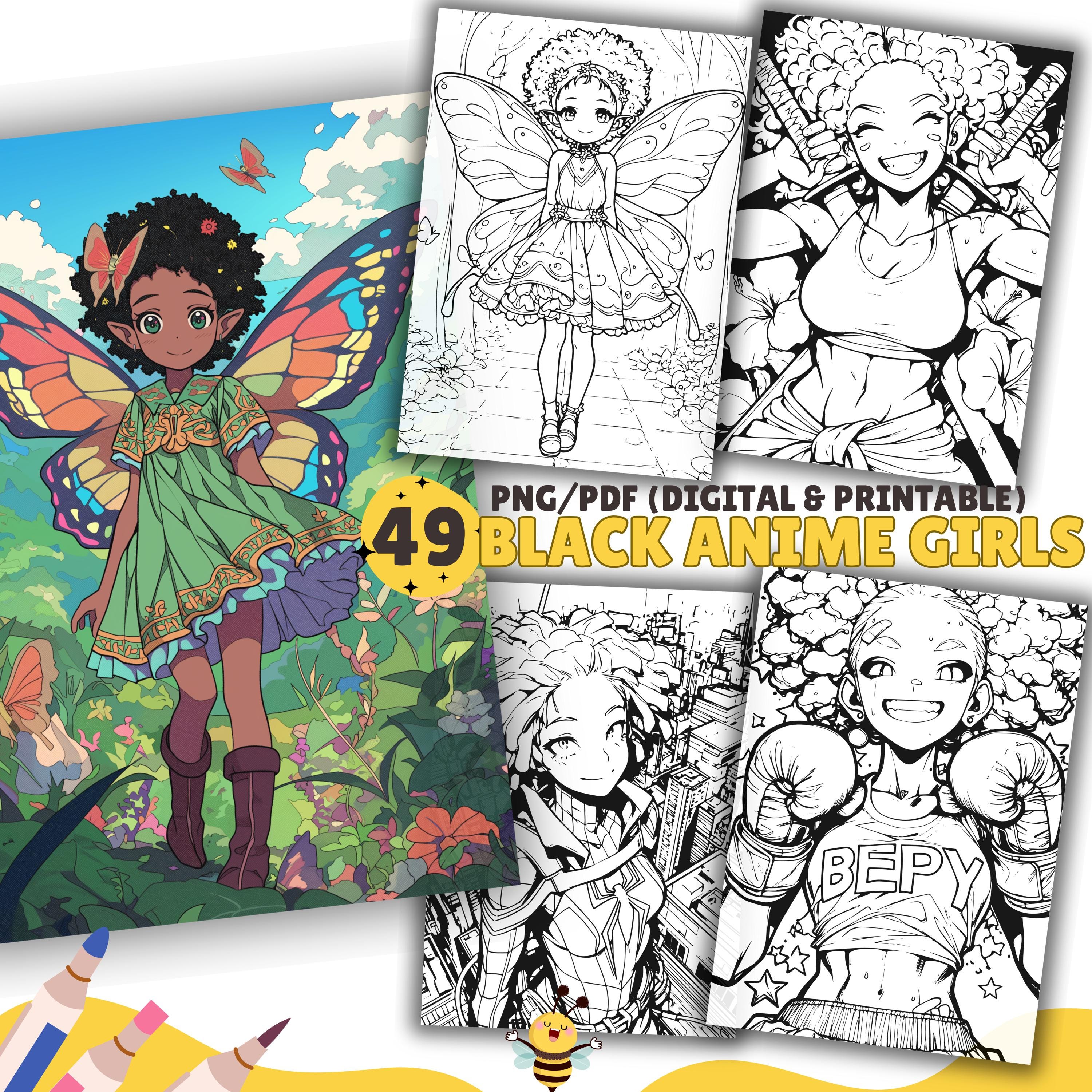 Black Anime Girl Coloring Pages, Anime Coloring Book, Anime Girl, Melanin, PDF & PNG, Printable and Digital, Adult coloring book