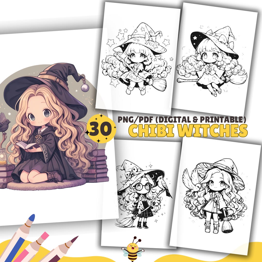Chibi Witches Coloring Pages, Kids Coloring Book, Kawaii & Cute, PDF and PNG, Cute Witches ...