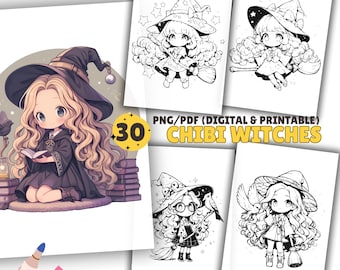 Chibi Witches Coloring Pages, Kids Coloring Book, Kawaii & Cute, PDF and PNG, Cute Witches, Adorable, Coloring Sheets