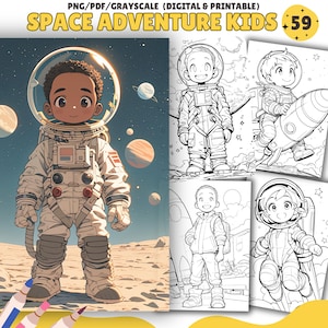 May include: A coloring book page featuring a black astronaut with a large helmet, standing on a planet with a starry background. The page also includes three other coloring book pages featuring astronauts in different poses.