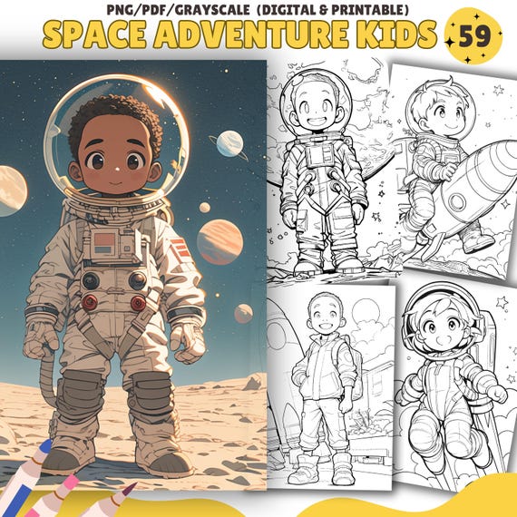 Kids Space Adventure Coloring Pages, Galaxy Coloring Book, Kids Coloring sheets, PDF, PNG, Grayscale, Boys and Girls Coloring