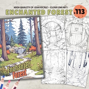 Enchanted Forest Coloring Pages, Detailed Magic Forest Coloring Book, Grayscale Coloring Pages, Adult coloring book, Digital Download
