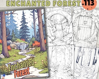 Enchanted Forest Coloring Pages, Detailed Magic Forest Coloring Book, Grayscale Coloring Pages, Adult coloring book, Digital Download