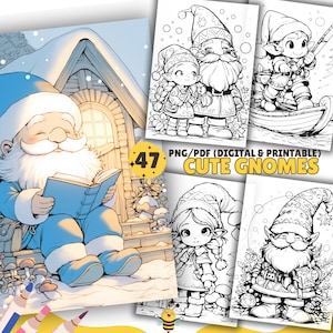 Cute Gnomes Coloring Book, Kawaii Gnomes Coloring Pages, Gnomes Activities, PDF & PNG, Printable and Digital, Adults and Kids, Grayscale Inc